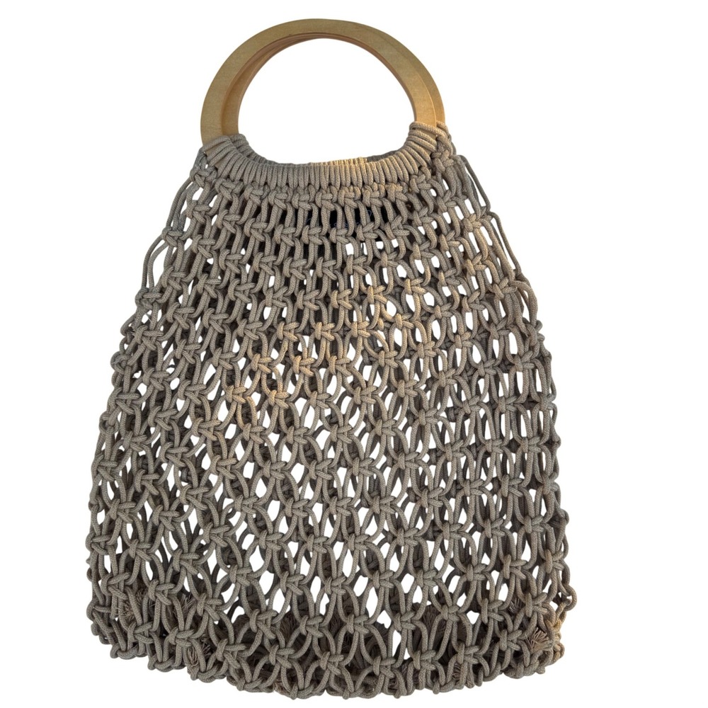 Pink Haley Crochet Women OS Tan Macrame Wood Handle Coastal Grandmother Tote Bag